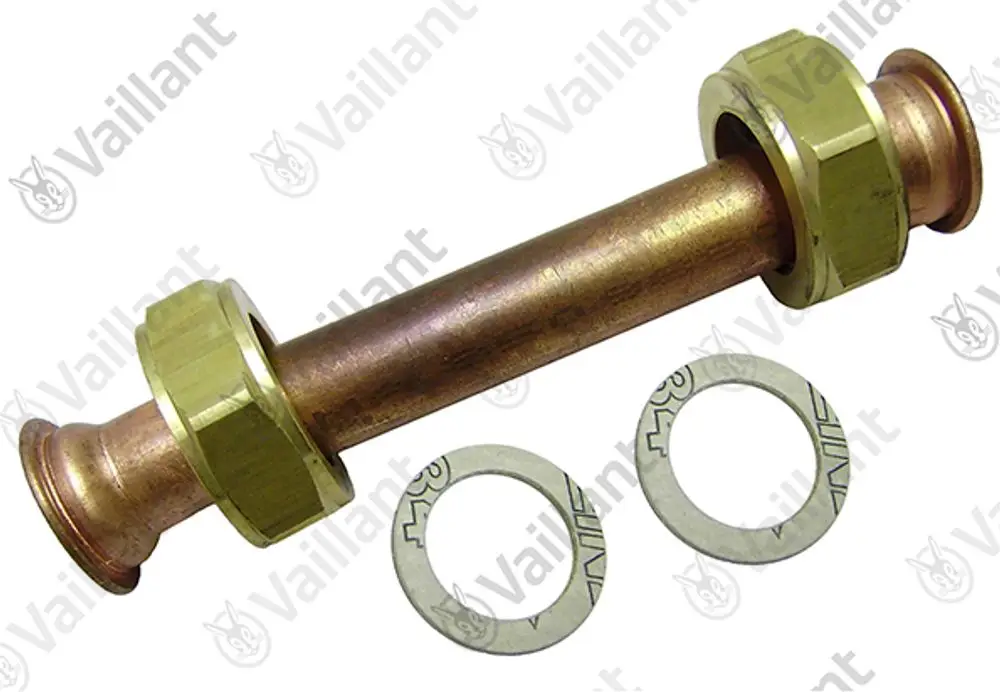 Rohr mit zwei Metallmuttern und zwei Dichtungen, geeignet für die Verbindung in Temperaturen und Drucksystemen, Marke Vaillant.